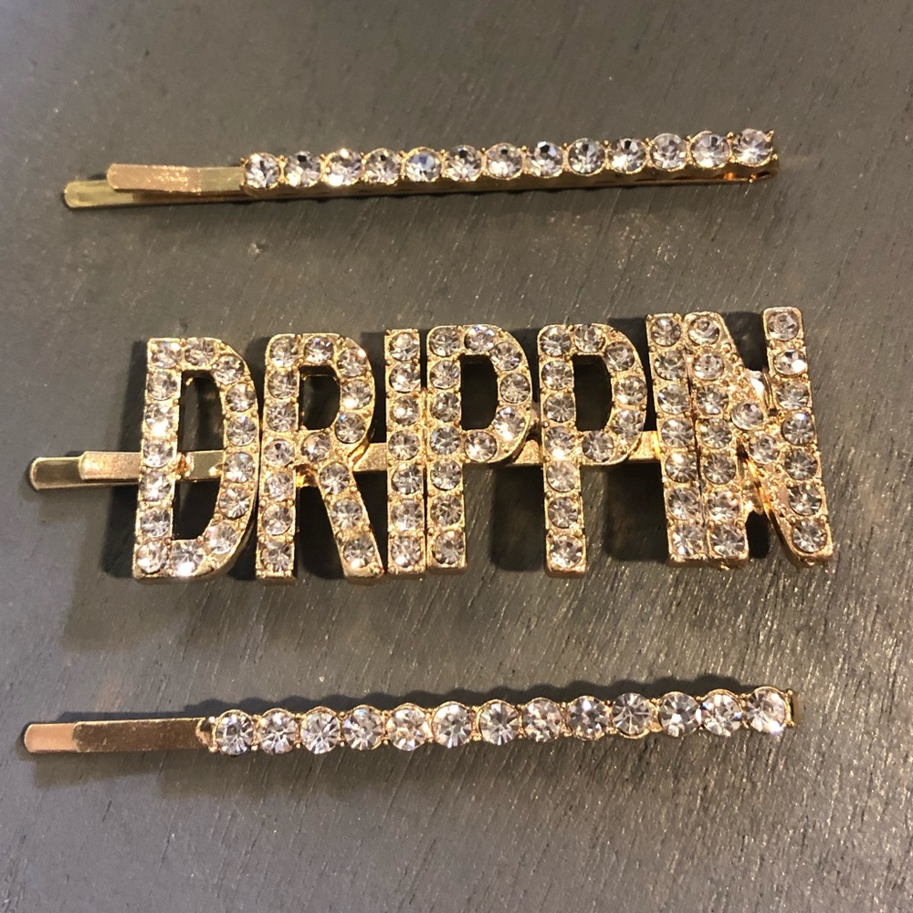 DRIPPIN barrette set.  Gold with clear crystals.